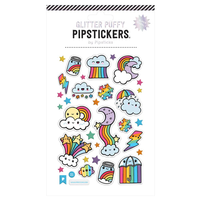 Puffy Cloudbursts Stickers sheet with glitter accents featuring colorful rainbows, clouds, stars, and lightning bolt designs.