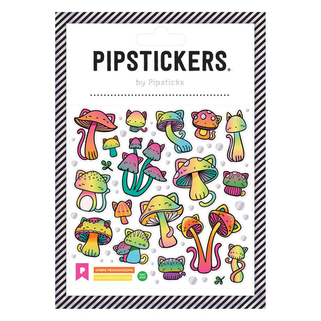 Ombre MeowShrooms Stickers featuring colorful cat-mushroom designs with holographic silver foil on clear backing.