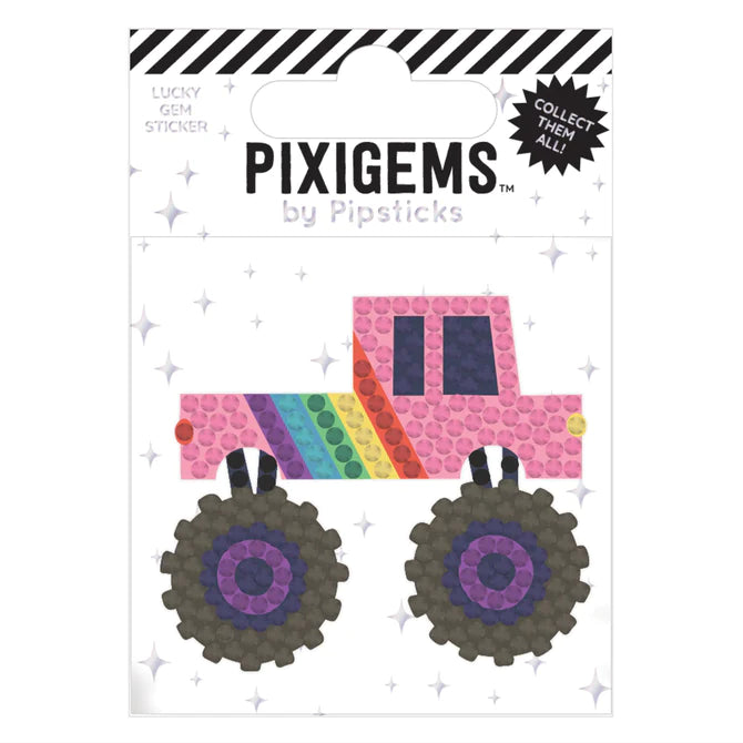 Pixigem Sticker | Micky Monster Truck sparkly 2x2 inch good luck charm with rainbow stripes and monster wheels