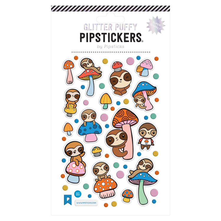Slow Mush Love Puffy Stickers featuring cute sloths and colorful mushrooms with glitter accents on a 4x6 inch sheet.