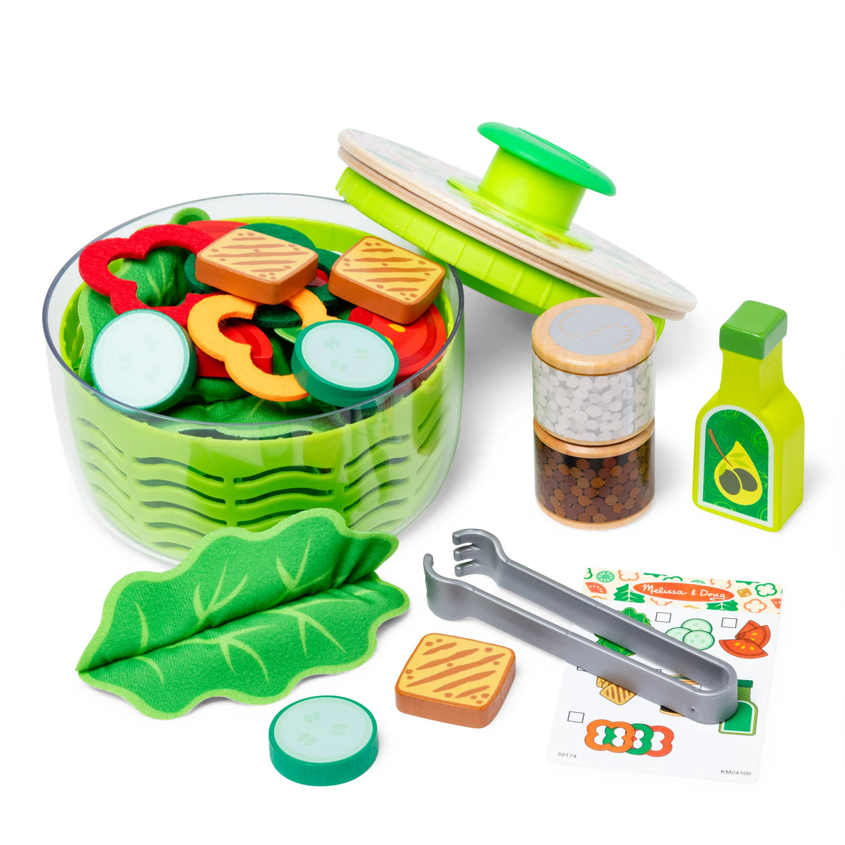 Salad Spinner kids play set with wooden lid, fabric lettuce, felt vegetables, tongs, and pretend dressing accessories.
