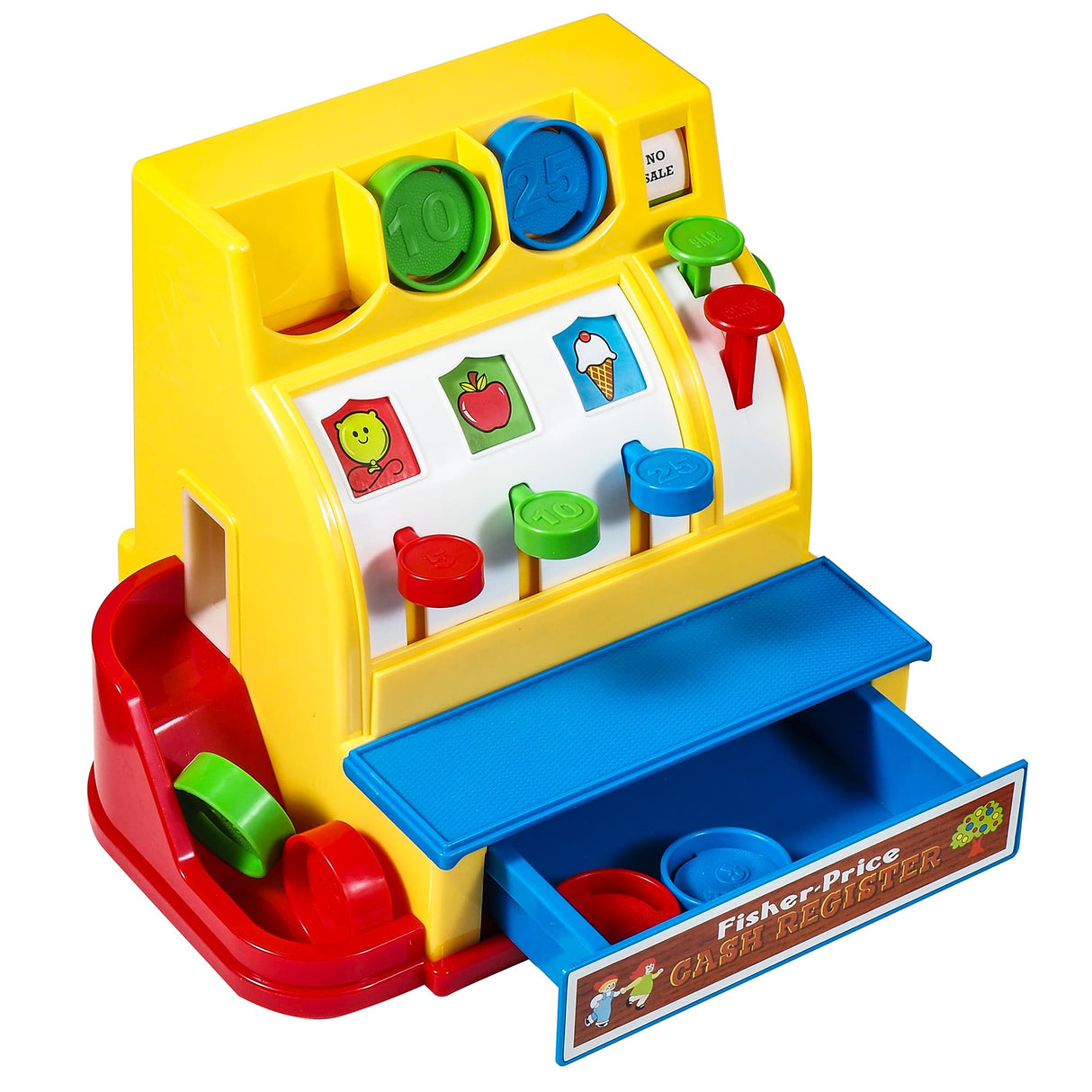 Fisher Price Cash Register toy with colorful coins, buttons, bell, and drawer for interactive learning and play.