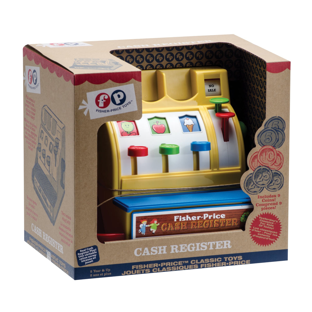 Fisher Price Cash Register toy with colorful coins, crank handle, bell sound, and opening drawer for kids' play.