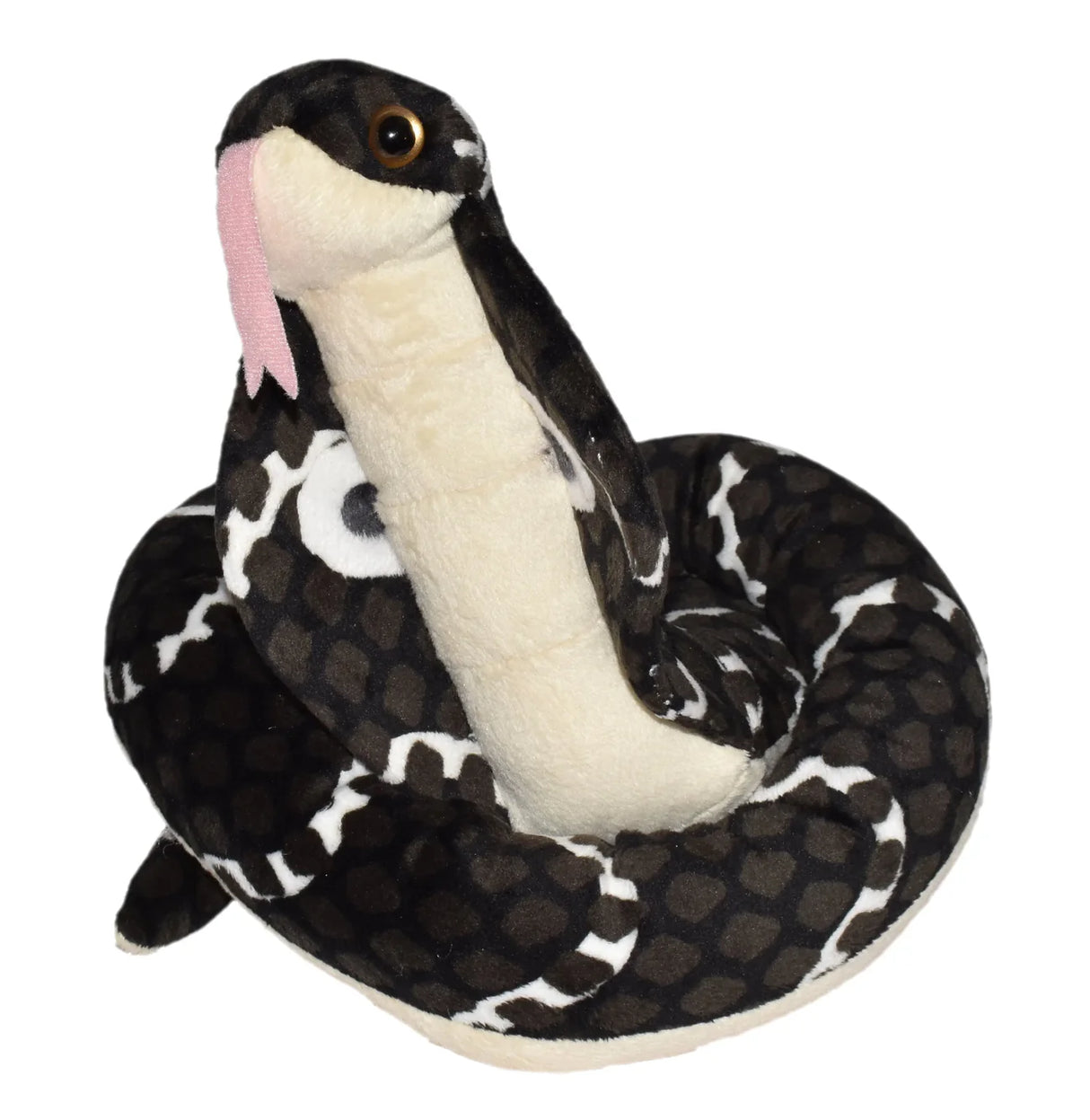 Soft black and cream patterned plush snake with pink tongue and detailed yellow eyes coiled in a resting pose
