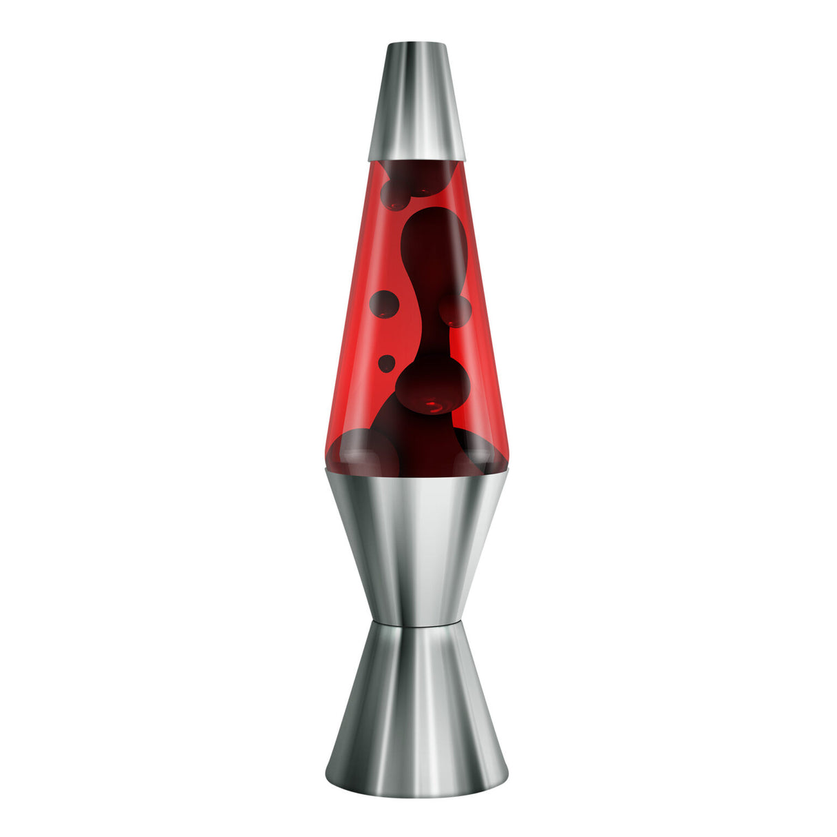 Lava Lamp | Chrome Plated Crimson with red liquid, black wax, and reflective chrome base and cap, 14.5 inches tall.