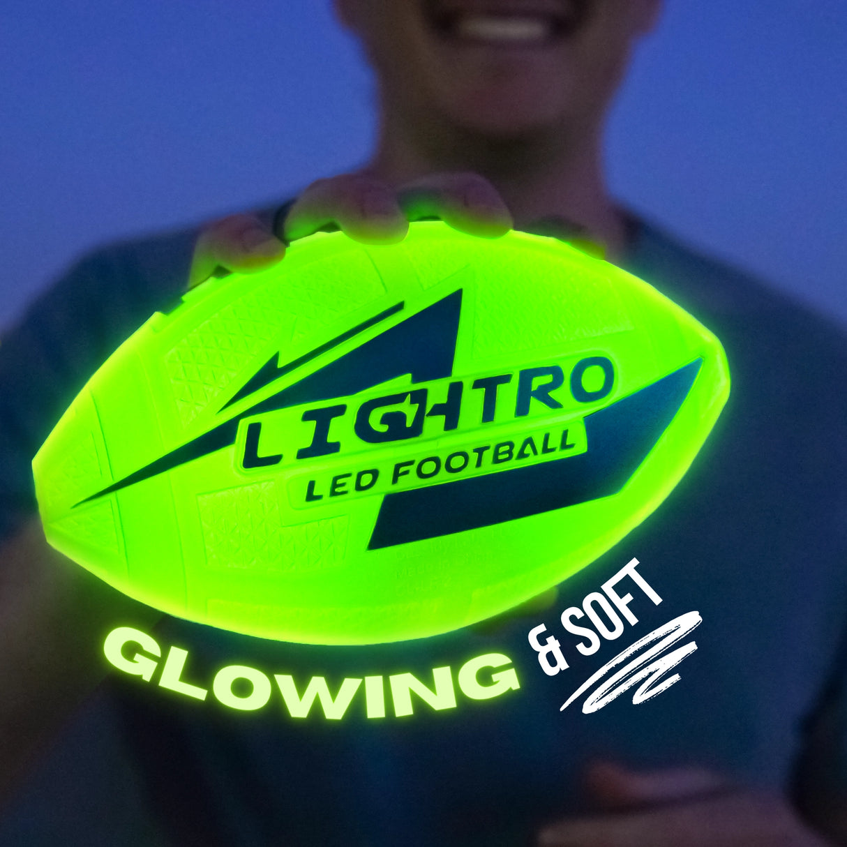 Youth size glowing soft football designed for kids and teens learning to throw, perfect for smaller hands.