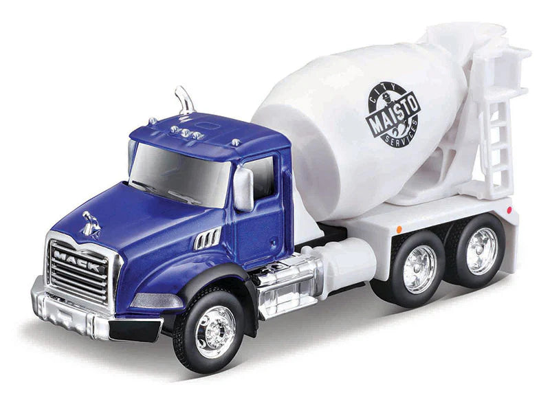 Blue and white 4.5-inch Mack Granite cement mixer toy truck with detailed die-cast body and free-rolling wheels