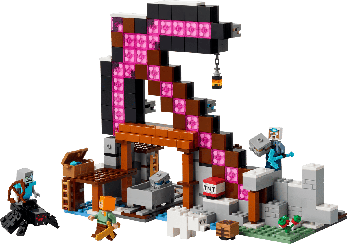 Block-built pixelated mining structure with characters, minecart, TNT crate, and a lantern hanging from the top beam