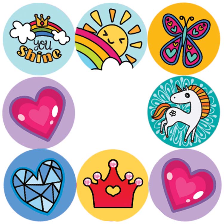 Depiction of eight varieties of fantastical stickers seen in the Rainbow Sticker Stamper. For ages 3 and up.