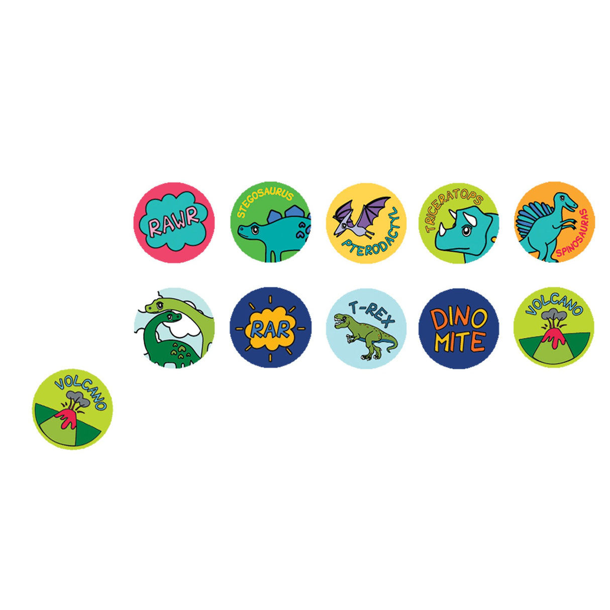 Eleven varieties of dinosaur stickers that can be found in the Dino Sticker Stamper. 160 stamps total, for ages 3 and up.