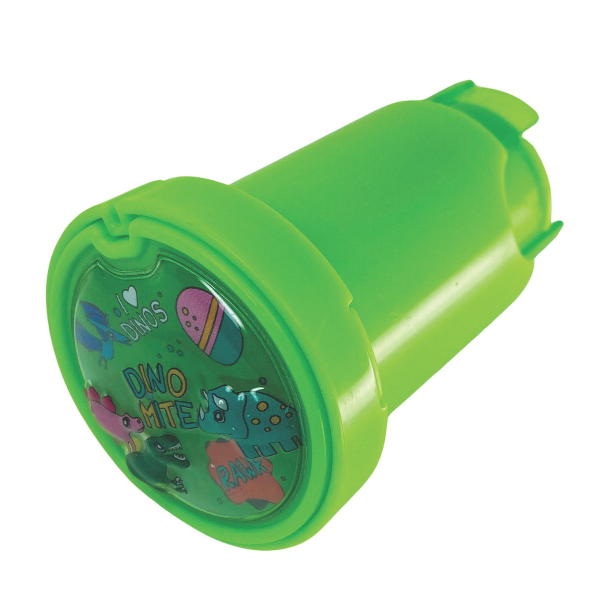 Depiction of Dinosaur Sticker Stamper, which looks like a small green tube. On the top of the tube it says "Dino-mite" and has cartoon drawings of dinosaurs. For ages 3 and up.