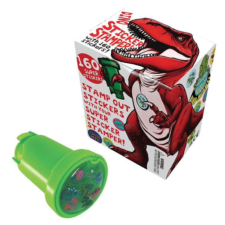 Dino Sticker Stamper box contains 160 stickers. For ages 3 and up.
