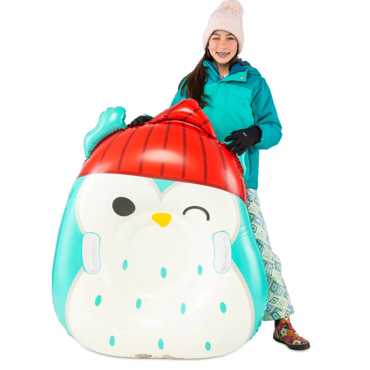 Snow Tube | Squishmallows Winston the Owl featuring a large inflatable owl sled with red beanie and sturdy handles.