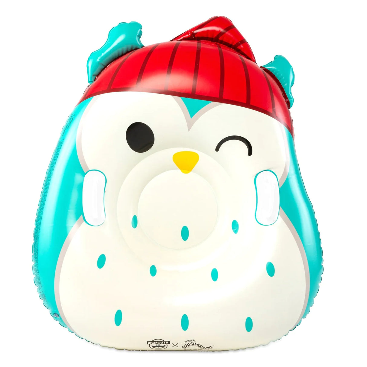 Snow Tube | Squishmallows Winston the Owl inflatable sled with red beanie and winking owl face for winter fun