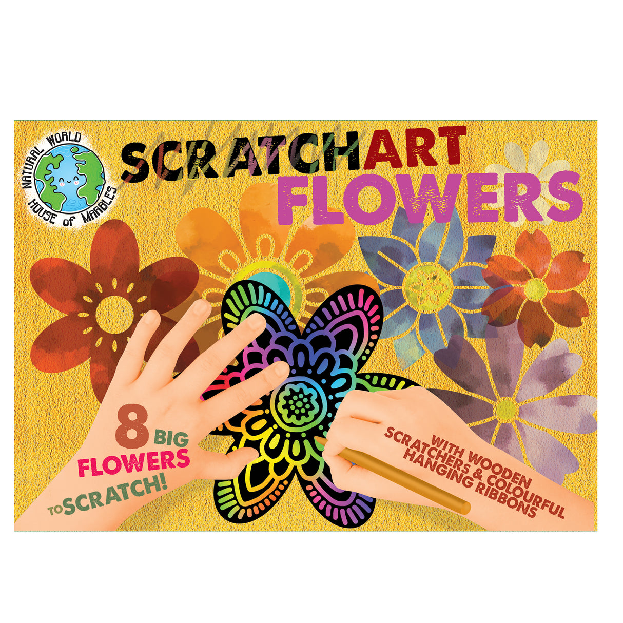Scratch Art Flowers showing hands scratching colorful flower designs with wooden scratchers and vibrant ribbons included.
