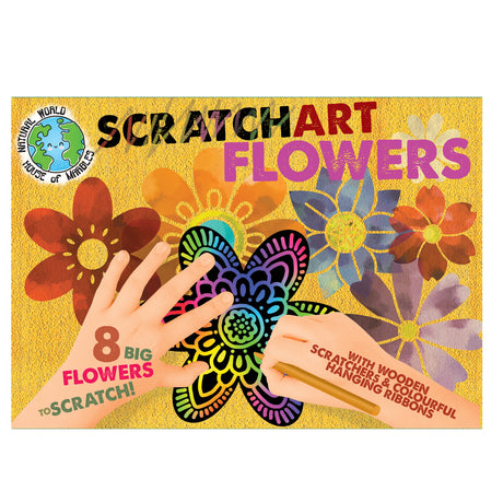 Scratch Art Flowers showing hands scratching colorful flower designs with wooden scratchers and vibrant ribbons included.