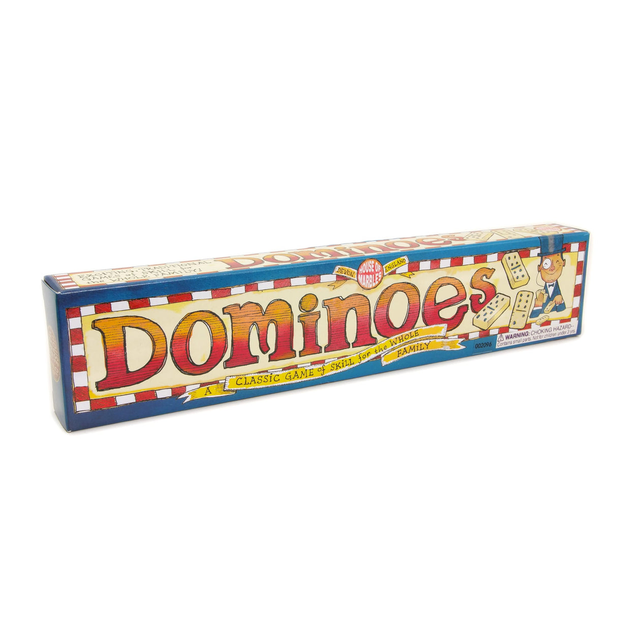 Long rectangular box of classic dominoes game with colorful vintage-style lettering and playful illustrations on white background