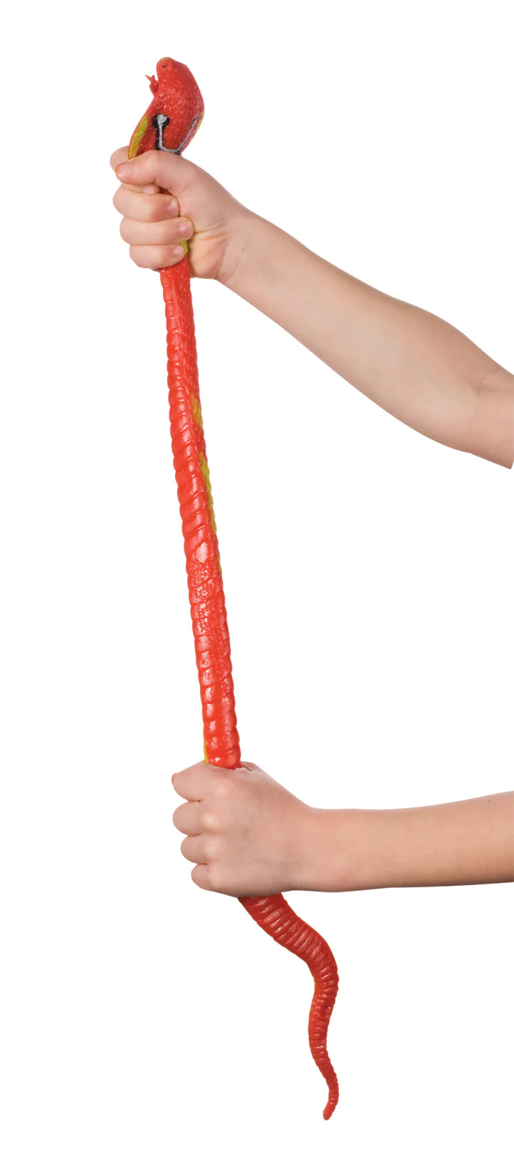 Child stretching a red Squishy Snake toy, showcasing its squishy and stretchy texture and length.