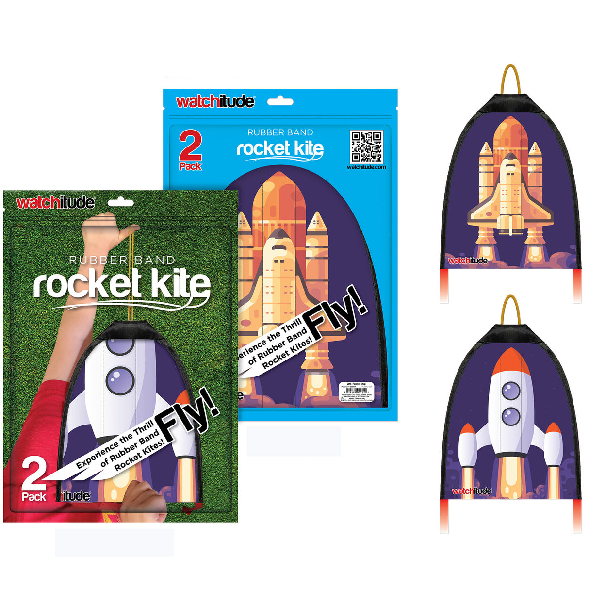 Two-pack rubberband rocket kites with colorful space shuttle designs packaged for flying fun outdoors