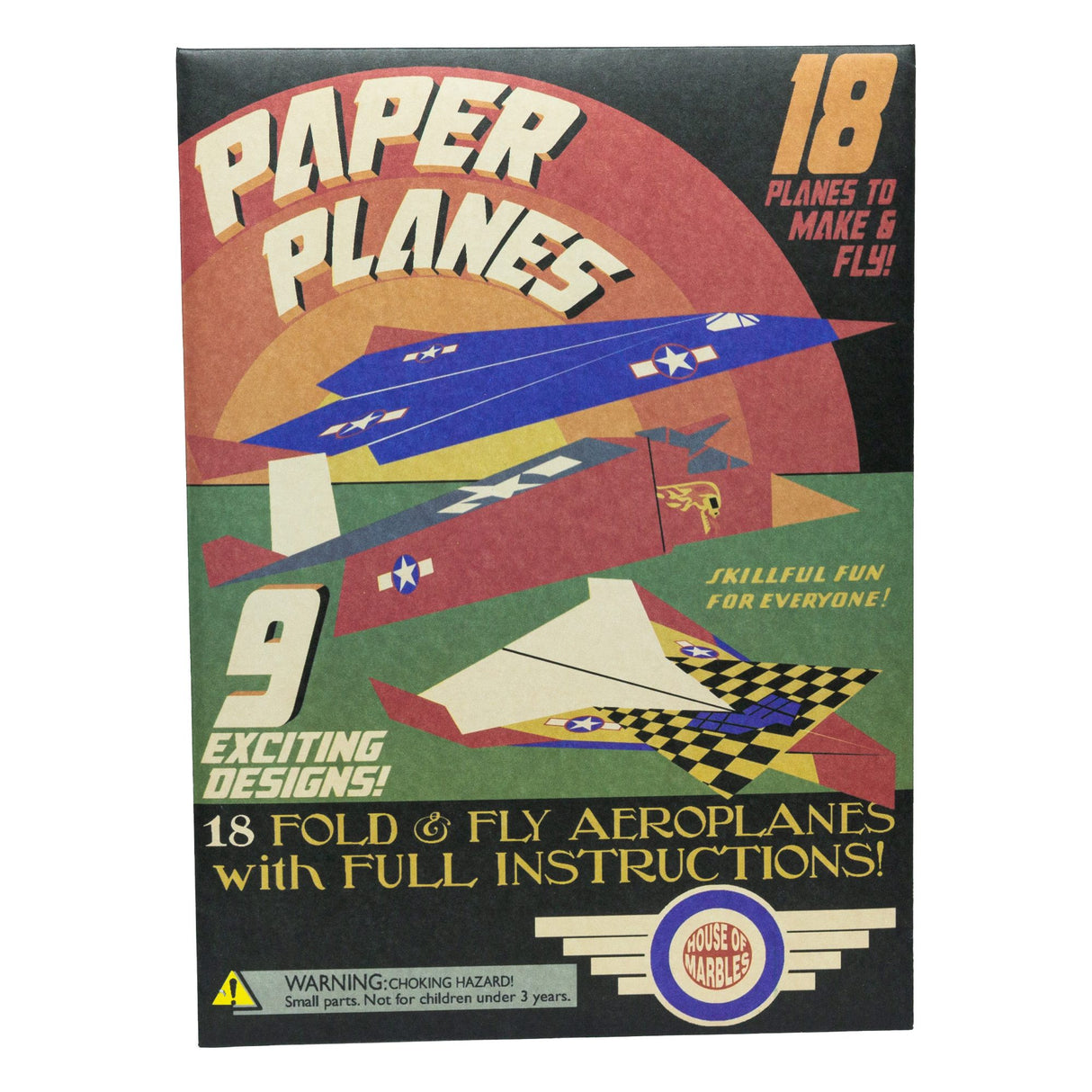 Paper Planes set with 18 fold and fly aeroplanes featuring 9 exciting designs and full instructions for fun crafting.