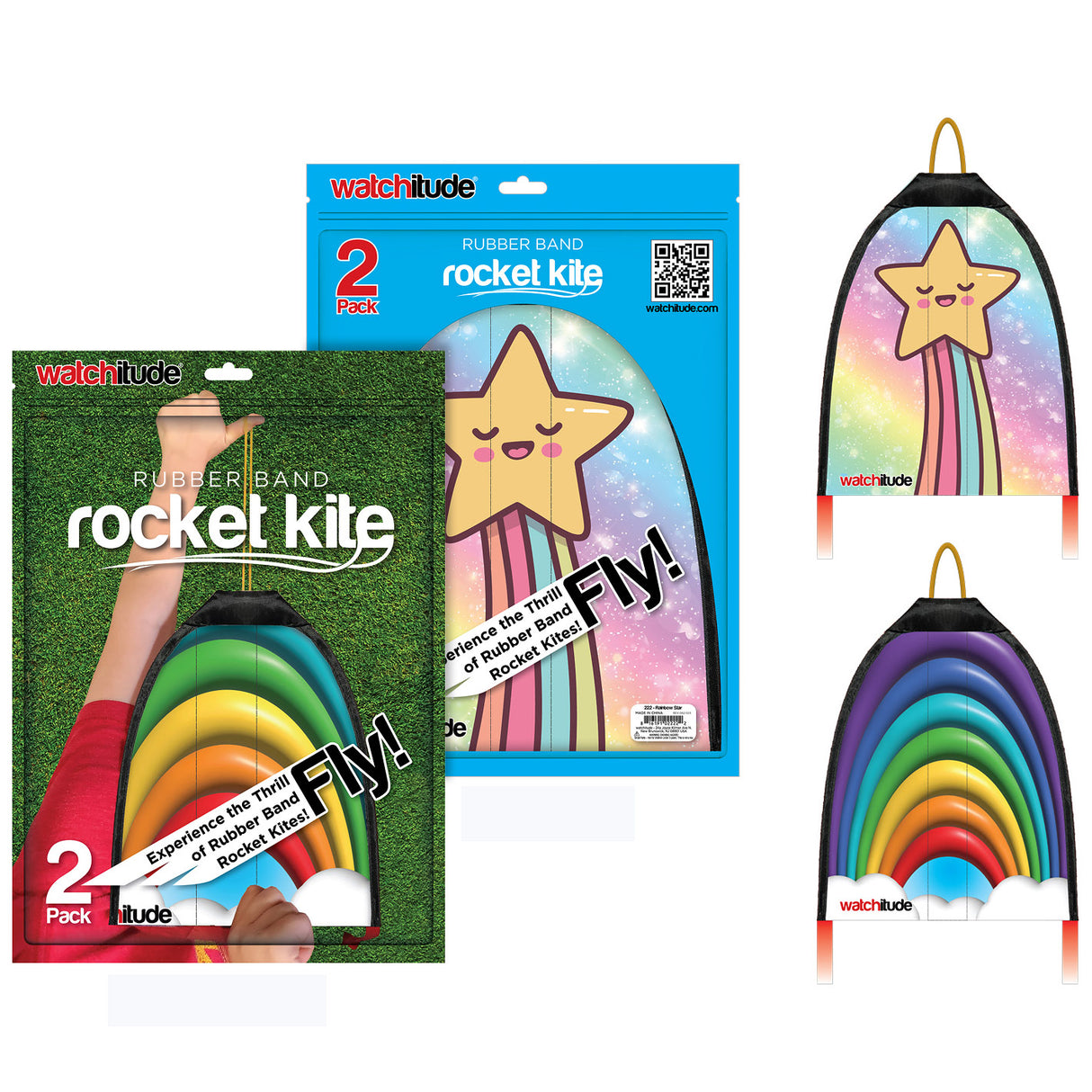 Colorful star and rainbow rubber band rocket kites in packaging and ready to launch outdoors for fun play activities