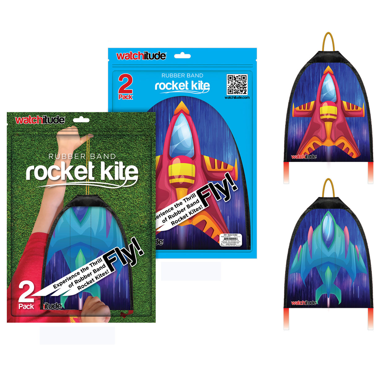 Rubberband Rocket Kite packaging showing two colorful rocket-shaped kites designed for fun and exciting flight powered by rubber bands