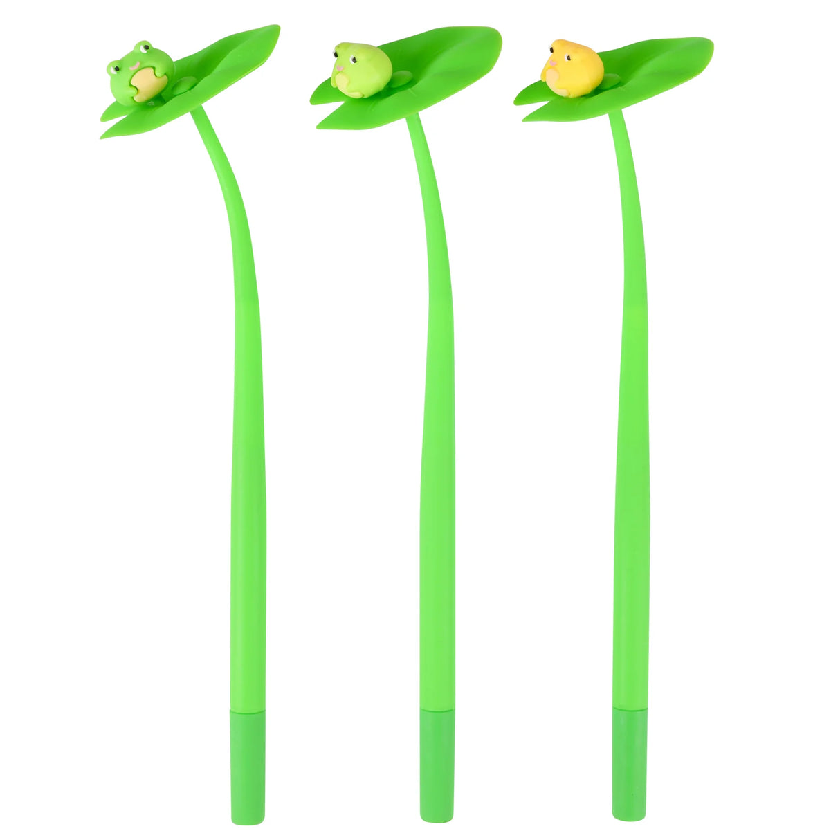 Three green wiggle gel pens with frog and duck figures sitting on lotus leaf toppers on a white background