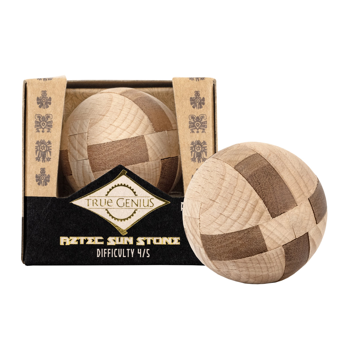 Wooden and metal spherical puzzle named Aztec Sun Stone with moderate difficulty in decorative packaging from True Genius collection