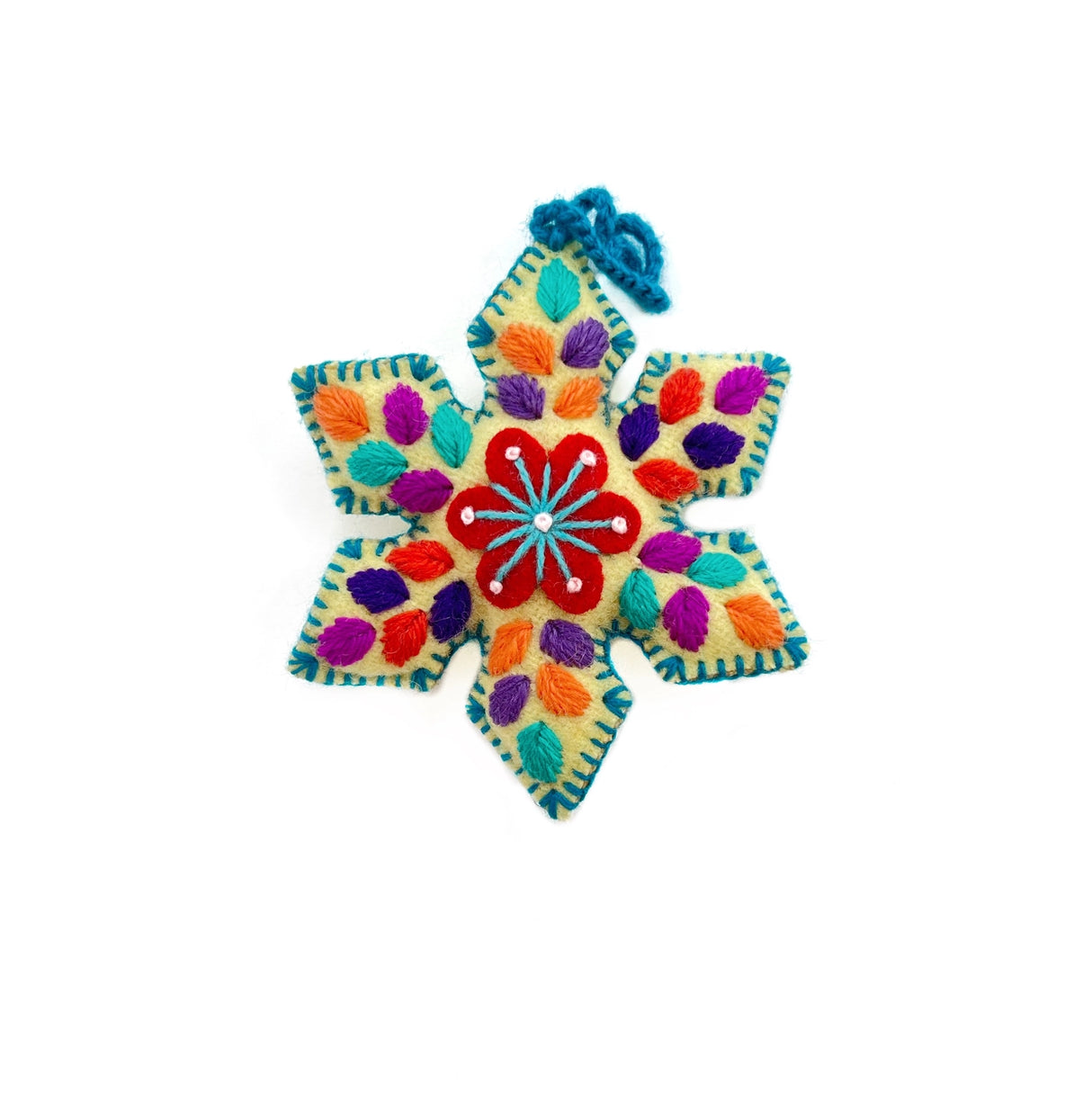 Colorful Snowflake Embroidered Ornament handmade wool decoration with vibrant thread and unique pattern from Peru.