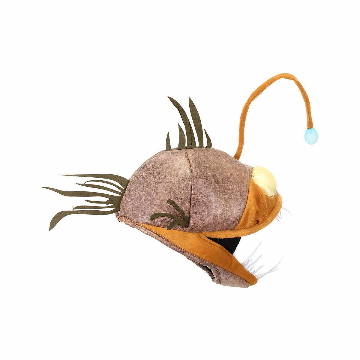 Light-Up Angler Fish Jawesome Hat in soft materials with light-up esca and adjustable velcro for ages 14 and up.