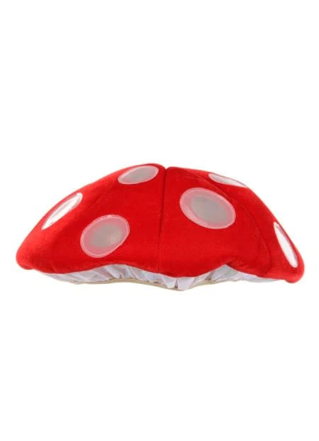 Mushroom Lumen Hat in red with white spots featuring LED lights and adjustable sizing for a glowing forest look.