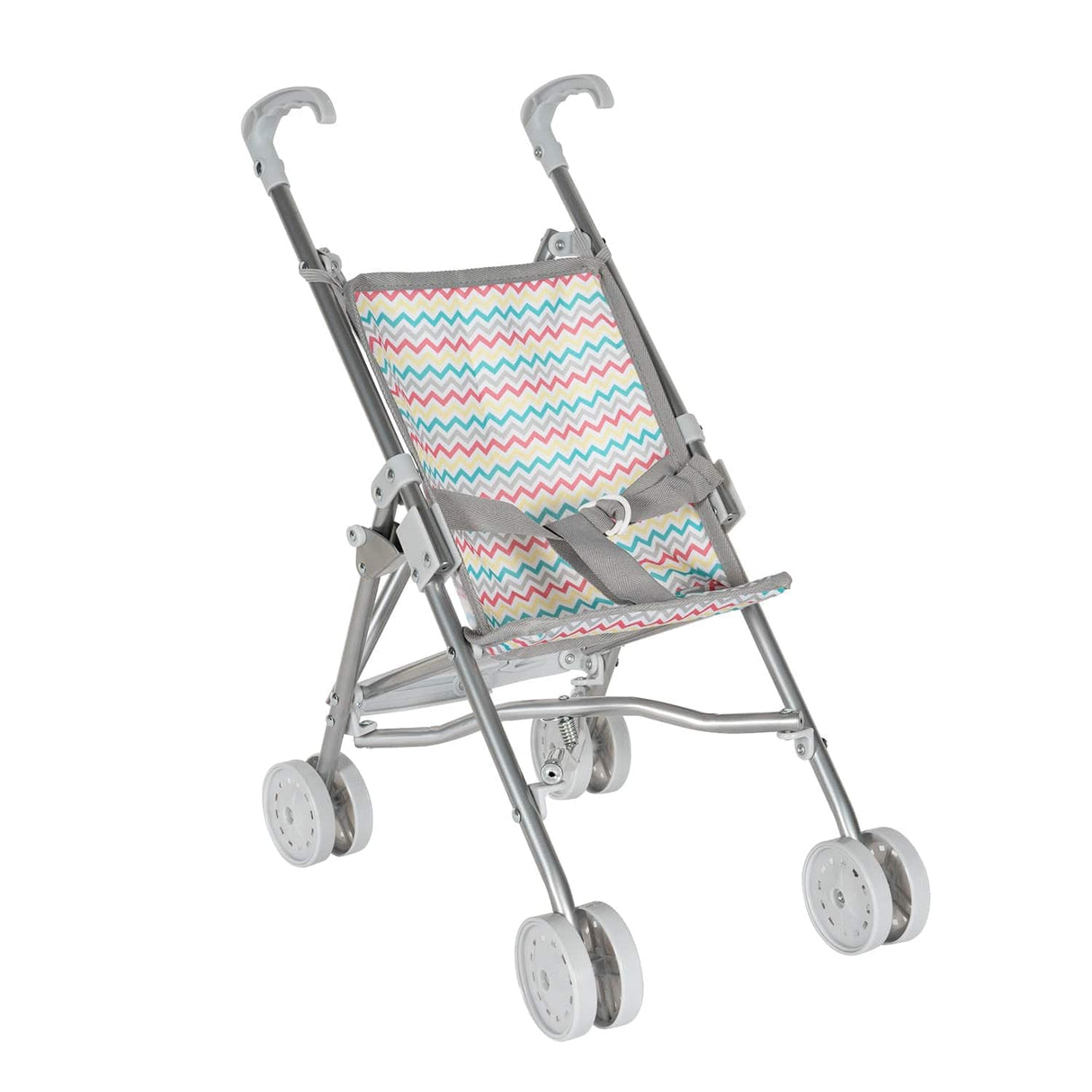 Stroller Umbrella Zig Zag Rainbow with colorful zig zag pattern, lightweight metal frame, and double wheels for dolls up to 15 inches.