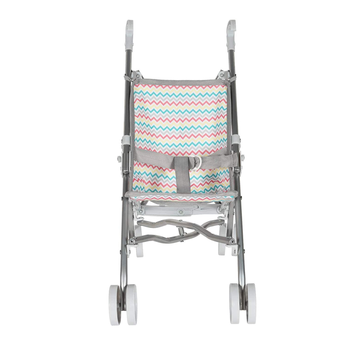 Stroller Umbrella Zig Zag Rainbow with double wheels and colorful zigzag fabric, perfect for dolls up to 15 inches.