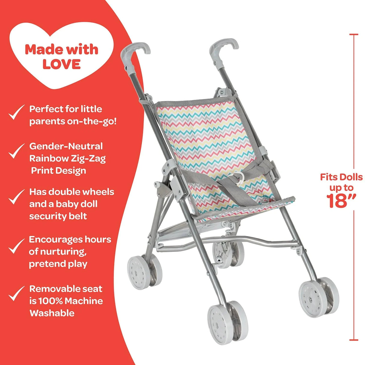 Stroller Umbrella Zig Zag Rainbow with double wheels, zig zag print, and foldable design for dolls up to 18 inches.