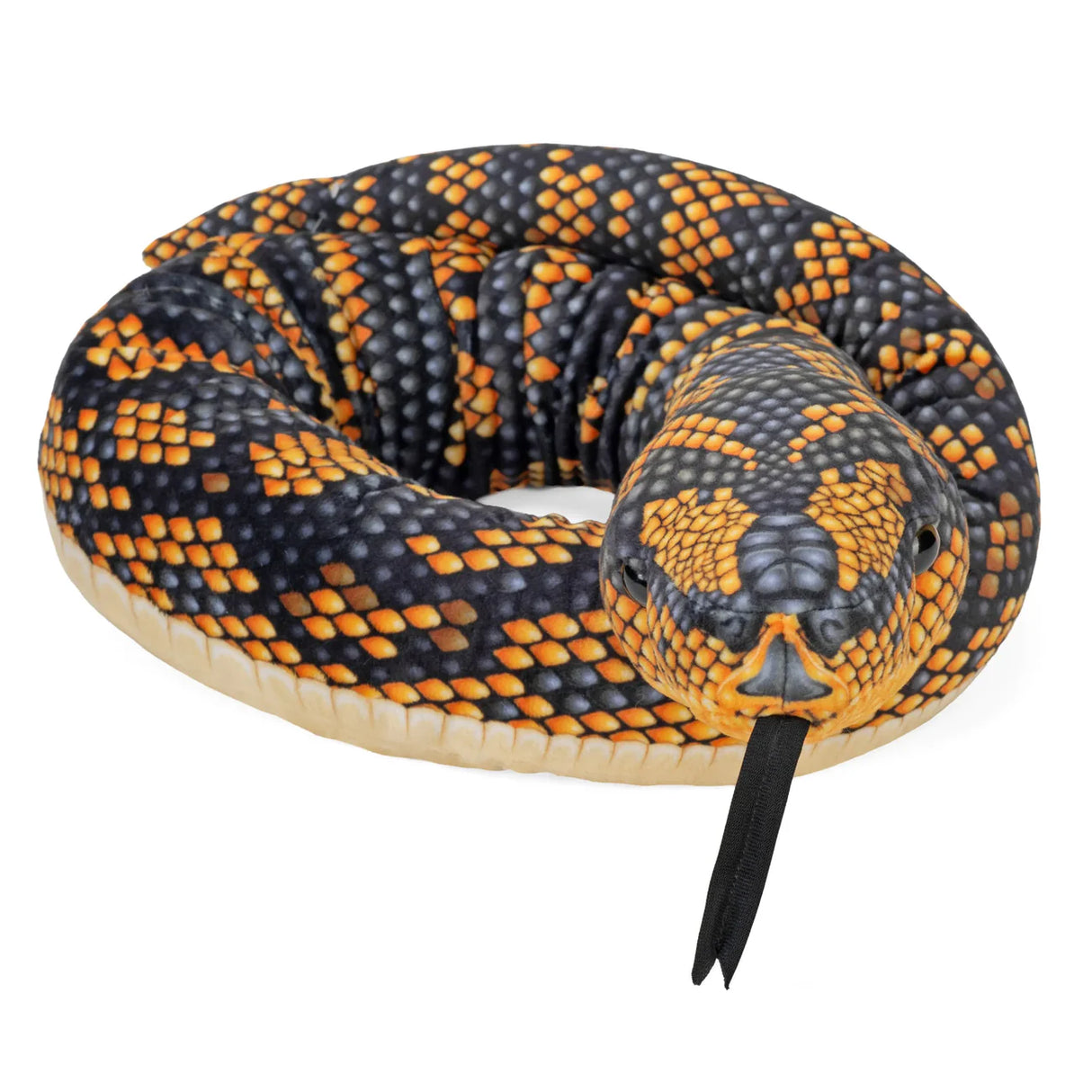 Coiled plush snake with black and bright orange scales and a soft black forked tongue sticking out
