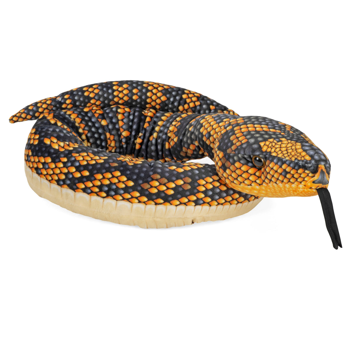 Plush snake toy with black and orange scale pattern, textured body, and black fabric tongue sticking out