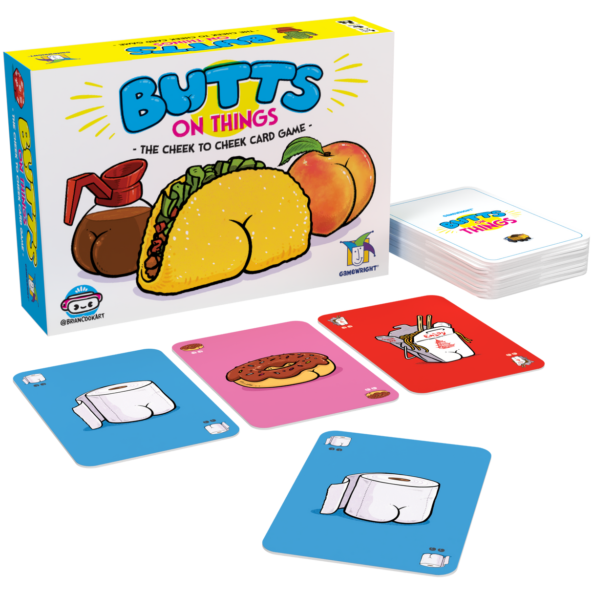 Colorful Butts On Things card game box and cards featuring cheeky art of food and objects with rear ends.