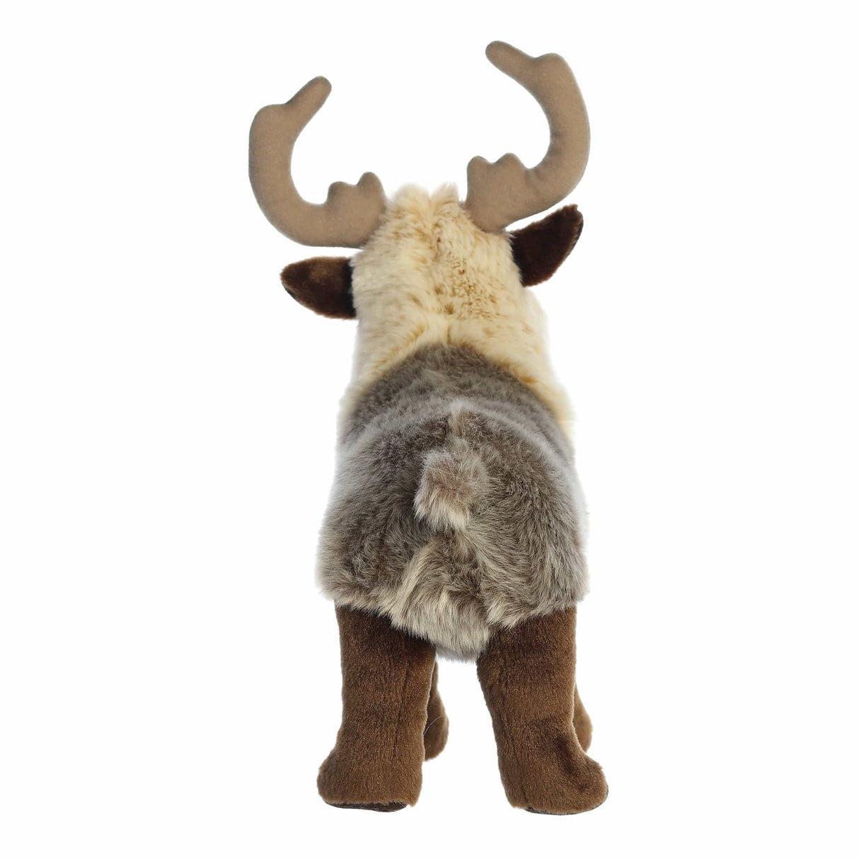 Plush reindeer toy viewed from back with soft fur texture and detailed antlers standing upright on white background