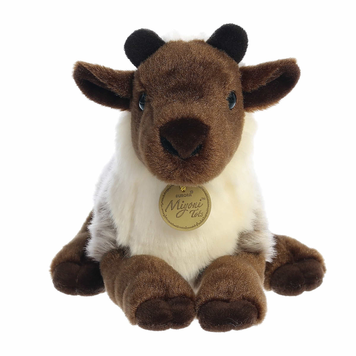 Lifelike plush reindeer calf from Miyoni Tots collection with soft brown and white fur sitting on a white background