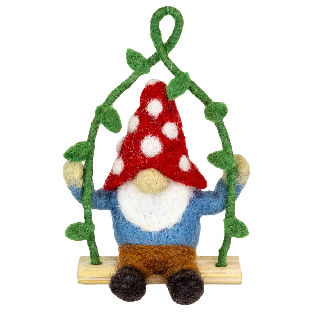 Mushroom Gnome on Swing Felt Ornament with red spotted hat, blue shirt, and bamboo swing seat decoration.