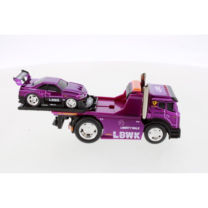 Purple Liberty Walk transporter truck carrying a matching purple sports car model on its flatbed trailer