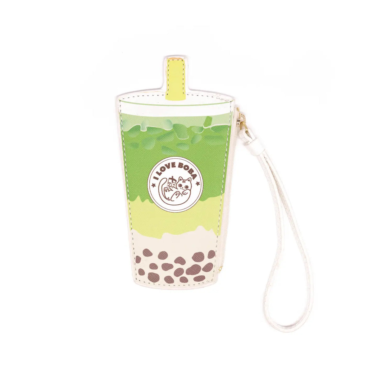 Wristlet Matcha Boba Milk Tea shaped like a green tea drink with straw and wrist strap, perfect for cards.