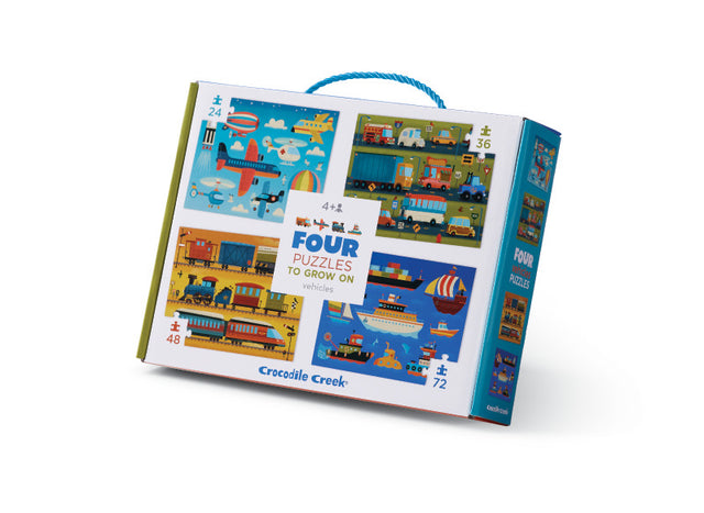 Four Puzzles to Grow On | Vehicles with four color-coded puzzles made of recycled materials for ages 4 and up.