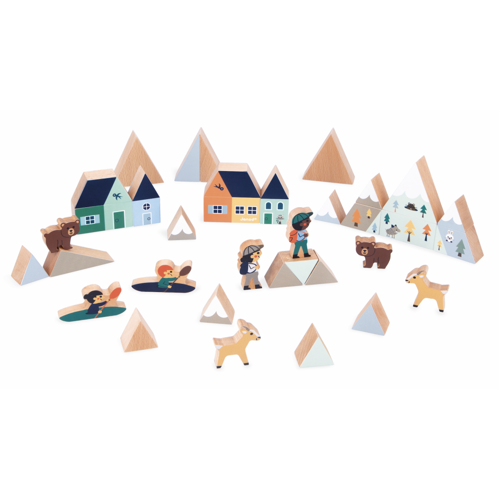 Crossroads White Valley Building Blocks wooden set with village houses, mountains, animals, and figures for kids aged 2 and up.