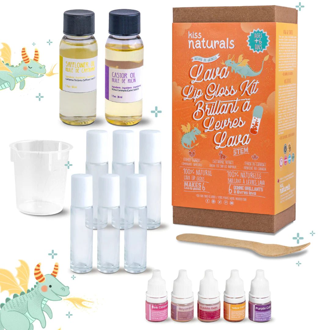 DIY Lava Lip Gloss Kit with organic oils, natural colors, flavors, roll-on tubes, and wooden spatula for kids 6+ crafting.