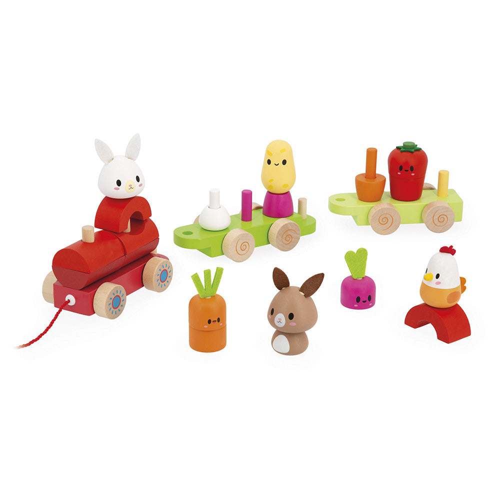 Farm Pull-Along Stacker Train wooden toy with colorful farm animals and vegetables for toddlers 12 months and up.