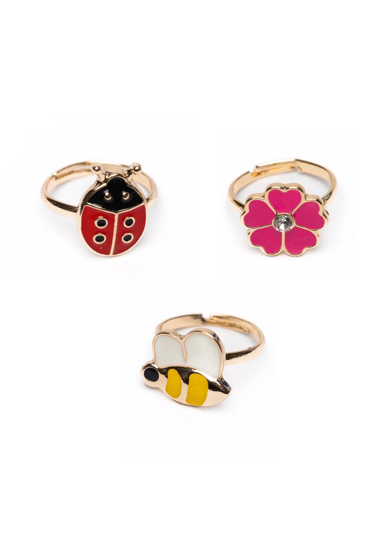 Ladybug Garden Ring Set with adjustable ladybug, pink flower, and bumble bee rings celebrating spring.