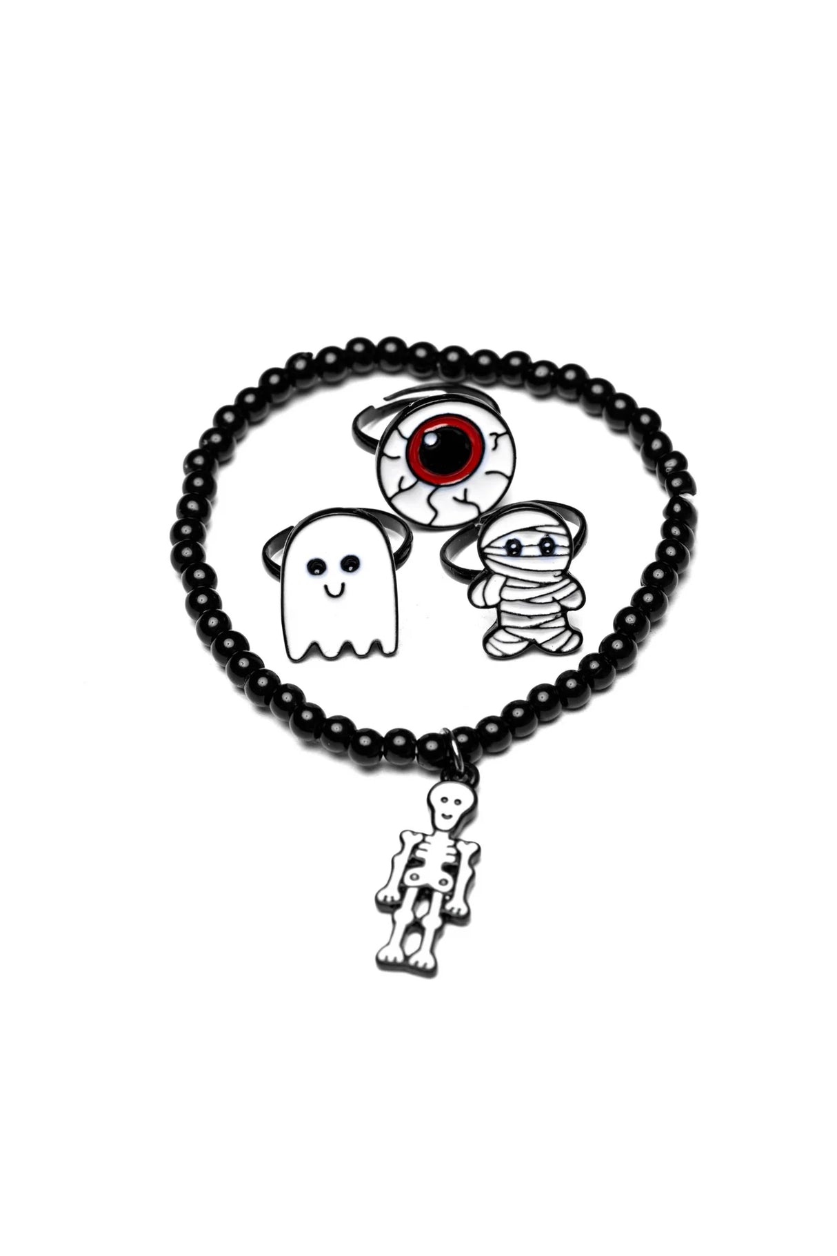 Witch Hand Rings & Bracelet featuring spooky ghost, mummy, eyeball rings, and skeleton charm bracelet with black beads