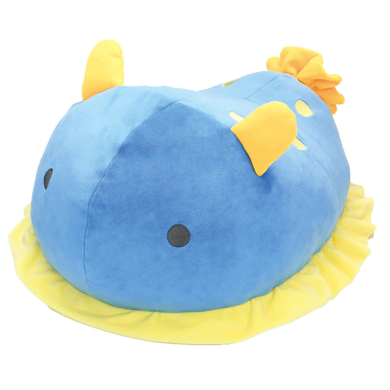 Jumbo Sea Slug plush toy in blue and yellow, soft and squishy, perfect for cuddling or as a pillow.