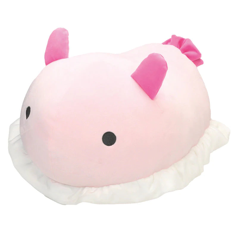 Jumbo Sea Slug plush in soft pink with cute eyes and ruffled edges, perfect as a cuddly pillow.